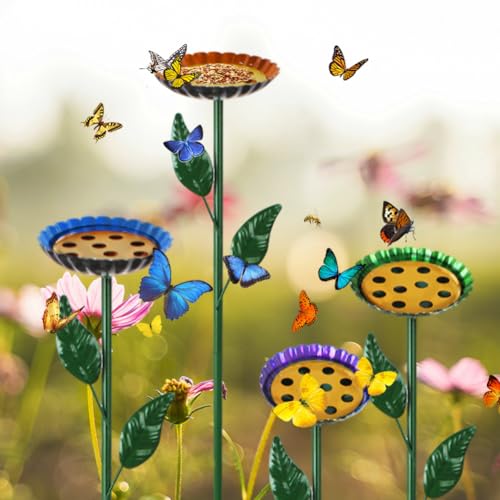 DREAMSOUL 4 Pack Bee Watering Station, Colorful Flower Bird Bath for Yard | Bright Color Appearance, Sturdy Metal Construction, Dual Use for Birds And Bees, Weatherproof for Outdoor Garden Use - size: 4PCS-B