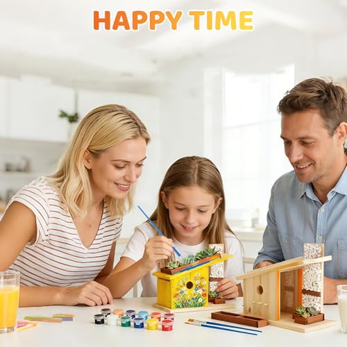 Modern Birdhouse Woodworking Kit, Natural Cedar Wooden birdhouses for Outdoors with Paint Set, Creative DIY Birdhouse Gift, Build Your Own Bird House Kit