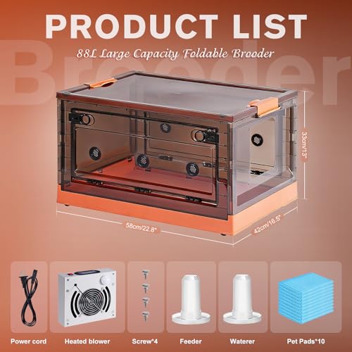 88L Chicken Brooder Box for Chicks, 32-107.6℉Adjustable Temperature Chicks Warmer for 20 Ducks Quail with Feeder and Waterer Heater Indoor Bedding Brooder for Chicken Coop & Quail Cage (88L)