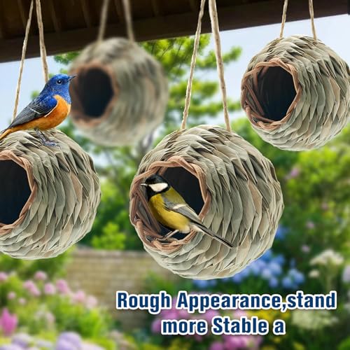 WDEFUN Humming Bird Houses for Outdoor Hanging, Natural Grass Bird Hut,Hand Woven Hummingbird Nest,Wren Finch Bird House for Garden Window Outdoor Home 4 Pack - size: ball shape 4 pcs