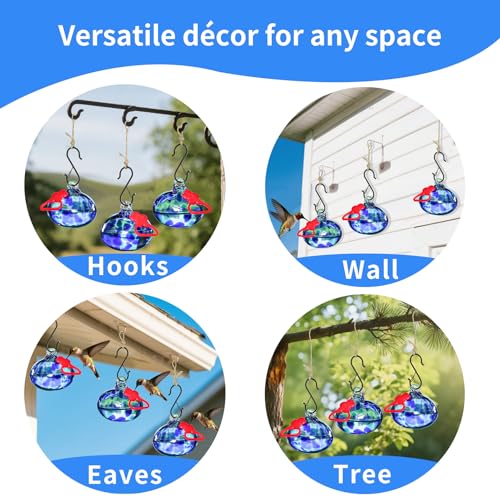 Pozfun Set of 3 Hummingbird Feeders for Outdoors Hanging,Hand-Blown Glass Hummingbird Feeder with Silicone Feeding Perch,Never Leak,Gardening Gifts for Woman Man - color: Dark Blue
