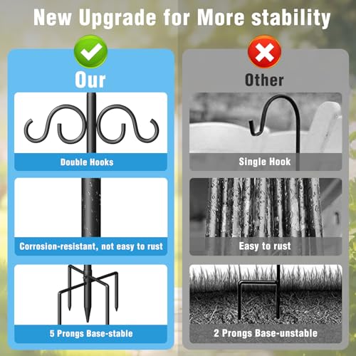 Double Shepherds Hooks for Outdoor, 92 Inch Heavy Duty Bird Feeder Pole with 5 Prongs Base, Adjustable Shepherds Hook for Bird Feeder, Garden, Weddings, Hanging Plant, 2 Pack - size: 92 Inch