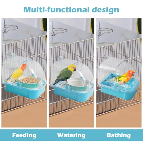2 in 1 No Mess Bird Feeder,Bird Cage Feeder with Ceramic Bowl and Parrot Bathtub with Bottom Drawer Hanging Tube Shower Box for Birds Budgies Parakeet Small Parrot Cockatiels(Blue) - color: 【Blue】