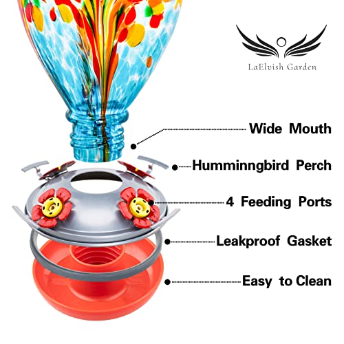 Hummingbird Feeder, 34OZ Hand Blown Glass Hummingbird Feeders for Outdoors Hanging, 4 Feeding Perch with Ant Moat Leakproof, Garden Yard Decor Gifts for Women Mom (Holiday Balloon) | Decorative Self Hanging Nectar Bird Feeder for Hummingbirds, Garden Pati