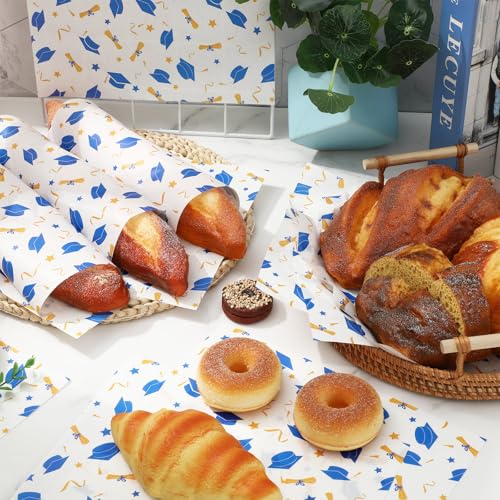 JarThenaAMCS 150 Pcs Graduation Wax Paper 2026 Grad Cap Blue Gold Deli Wrap Waterproof Oil-Proof Basket Liner for Food Sandwich Picnic Party Kitchen Supplies - color: Graduation