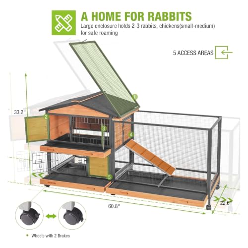 GUTINNEEN Rabbit Hutch with Chew-Resistant Metal Frame Indoor Bunny Cage Outdoor Rabbit Cage with Wheels and Leakproof Tray - color: Wooden Brown