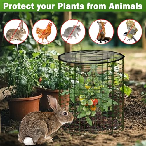 Plant Protector from Animals with Detachable Covers - 4 Pack 16”x 16" Wire Cage Cloches with Ground Stakes and Tools for Protecting Vegetable, Flower, Seedling