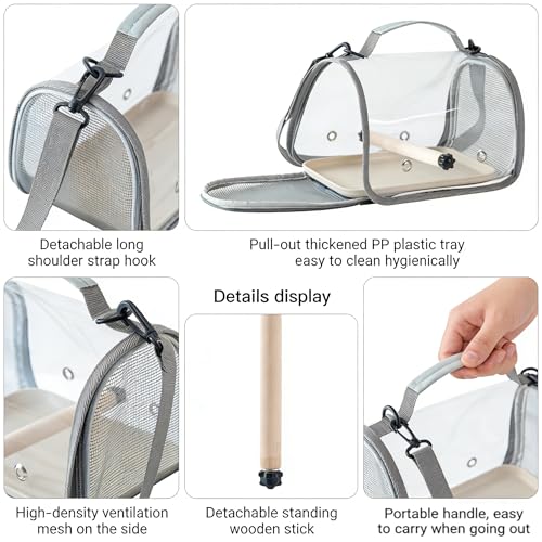 Clear Small Pet Travel Carrier with Perch & Tray – Breathable Mesh Bird Parrot Hamster Rabbit Squirrel Portable Bag (Grey) - color: Grey