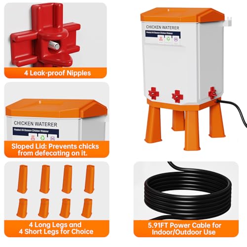Heated Chicken Waterer, Thermostatically Controlled Poultry Water Heater for Winter, 4 Horizontal Nipples and 8 Support Legs, Anti-Freezing Watering System for Coop Accessories (7L-Red) (Orange, 12L)