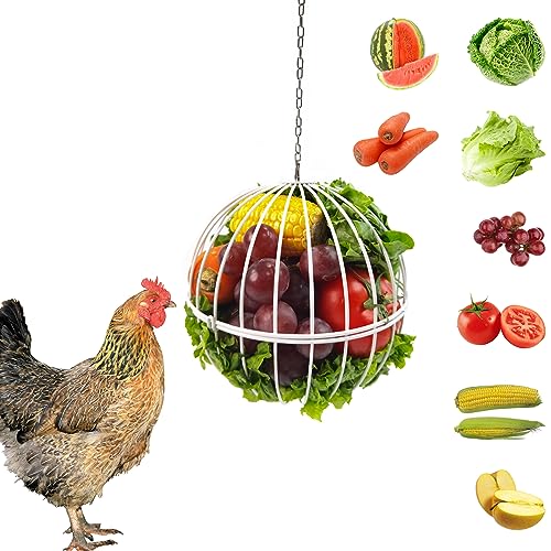 Hanging Chicken Feeder 7.1 Inch Chicken Veggie Treat Ball 1PCS White | Large IronSturdy Chicken Treat Holder with 15.7 Inch Hanging Chain - color: White