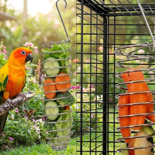 2 Pcs Spray Millet Treat Holder with Chains, Stainless Steel Bird Foraging Feeder Toy, Hanging Fruit Vegetable Basket for Parakeet Cockatiel Conure Macaw Parrot Cage Accessories