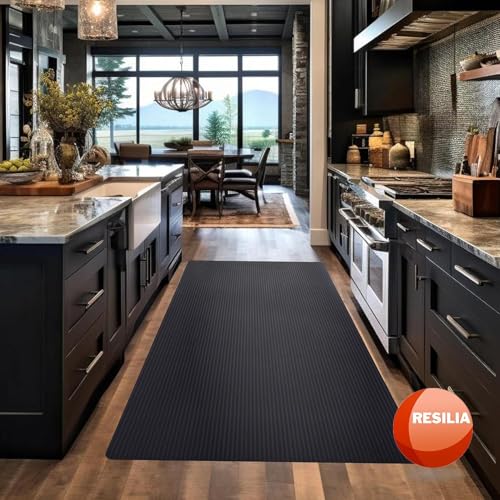 RESILIA Black Plastic Floor Runner - Embossed Wide Rib Waterproof Vinyl, Heavy Duty Protector Mat for Indoor Hardwood, Hard Floors, Garage, Entryway, Kitchen, & Outdoor Use, 15" x 48", Made in USA - size: 15" x 48"
