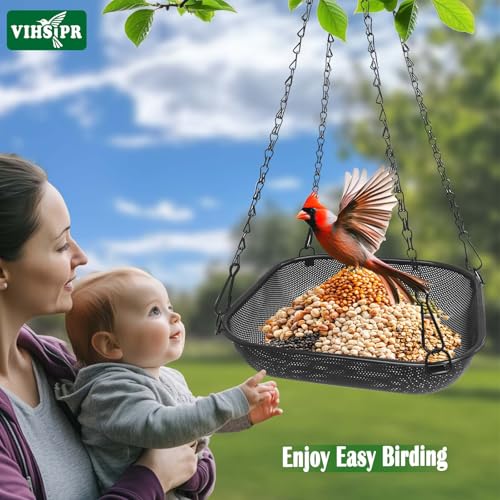 Hanging Platform Bird Feeder, 11 in Square, Black | Stainless Steel Mesh Seed Tray, Backyard & Patio, Outdoor Use - color: Black - Square