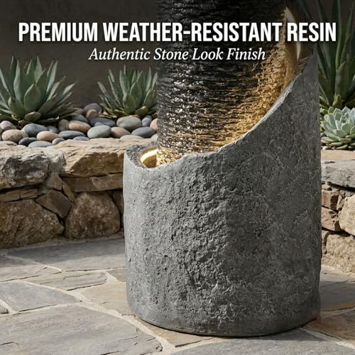 35.5" Tall Outdoor Water Fountain with LED Lights, Resin Cascading Waterfall Feature, Large Indoor/Outdoor Garden Fountains for Patio, Backyard, Porch and Home Decor - color: Gray