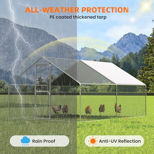 Large Chicken Coop for 20 Chickens,Walk-in Chicken Run for Yard with Cover,Chicken Pens Outdoor Metal Portable Chicken Tractor Cage Enclosure Crate Outside for Small Animals Bird Duck Rabbit Hen | Double Feed Door UV-Resistant Cover Galvanized Outdoor Cag