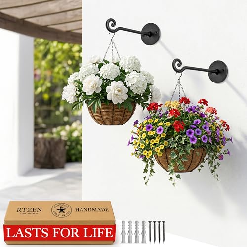 Plant Hangers Outdoor or Indoor Heavy Duty Wall Bracket Hooks | Wrought Iron Metal Hanger Indoor Hook for Hanging Plants Baskets Lanterns Bird Feeders - 2 Pack (Black Swirl Hooks 7.5") - size: 7.5 Inch, style: Swirl Hooks