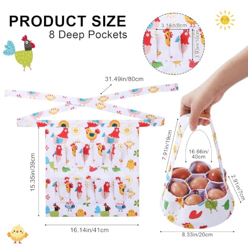 Egg Collecting Apron and Basket, 8 Pouches Chicken Egg Apron for Kids, 7 Pouches Egg Basket for Gathering Fresh Eggs - color: White