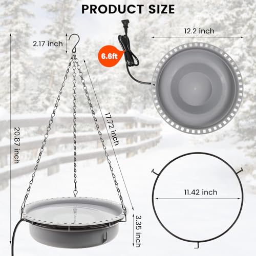 Hanging Heated Bird Bath for Outdoors for Winter, Large Capacity Heated Birdbath Deicer,75W Thermostatically Controlled Birdbath Heater for Winter Garden Patio Yard Decoration
