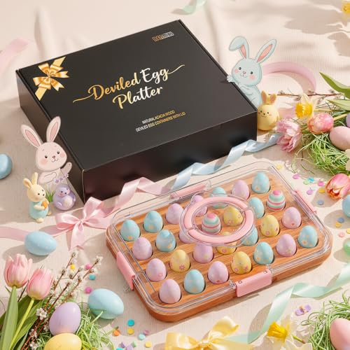 Deviled Egg Containers with Lid, Acacia Wooden Base with 28 Slots | Portable Deviled Egg Platter Carrier Holder Trays, Elegant appearance, Strong Durability, for Party and Home Kitchen - color: Pink