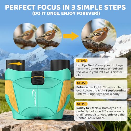 Aurosports 15x25 Compact Binoculars for Kids with Bird Guide Book, Green | Lightweight Easy Focus with Carrying Case & Strap; Durable Fully Coated; Birdwatching Cruise Travel Gift for 8-12 Boys Girls - color: Green
