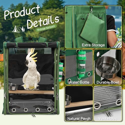 Bird Carrier Travel Cage, Cockatoo Carrier, Parrot Travel Backpack with Unbreakable Stainless Steel Mesh, Perch, Water Bottle and Food Bowl, X-Large Green - color: Green, size: 17.5"L x 14.8"W x 23.6"H