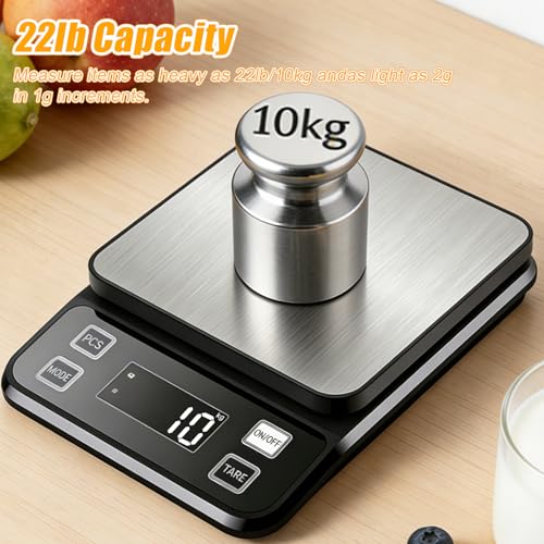Waterproof Kitchen Scale, 10kg/22lb Food Scale Precisely Measures Grams and Ounces for Baking and Cooking, Stainless Stee Digital Scale with LCD Display for Food - style: Battery / 22lbs