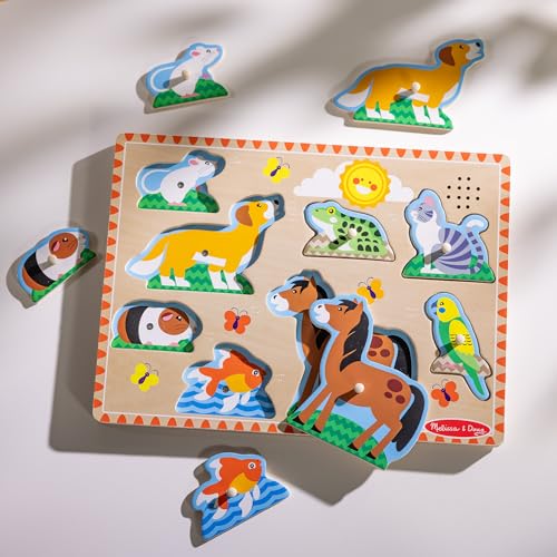 Melissa & Doug Zoo Pet Animals Sound Puzzle – 8-Piece Wooden Peg Puzzle with Light-Activated Sounds, Music Learning Toy for Toddlers and Preschoolers Ages 2+ - size: 11.8 x 8.8 x 1.25, style: Pets