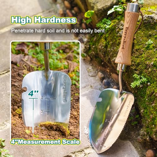 Berry&Bird Weeding Trowel, Multi- Use Hand Shovel with Serrated Blade Stainless Steel Garden Trowel Plus Size Potting Trowel with Wooden Handle for Transplanting, Digging, Measuring, Cutting Roots - color: Weeding Trowel