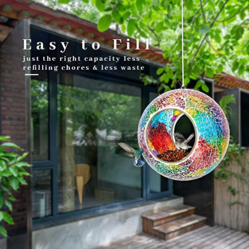 VCUTEKA Bird Feeder Mosaic Fly Through Hanging Birdfeeders for Garden Decor | 7 inch Mosaic Bird Feeeders for Outdoors, Round Shape Glass Container to Attract Wild Birds for Backyard Porch Yard Decor - color: Red