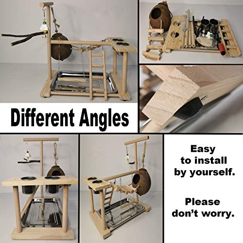 Parrots Playground Bird Play Stand Natural Wood Parrot Perch Gym Playpen Parakeet Nest with Feeder Cups Ladders Lovebirds Cage Accessories Toy Exercise Activity Center for Conure Cockatiel Lovebirds