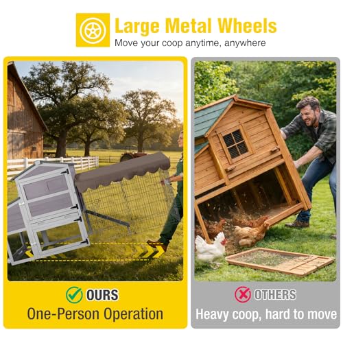 Aivituvin Chicken Coop with Wheels Mobile Hen House Poultry Cage for 2-4 Chickens with Metal Run and Nesting Box 79" L - color: Grey, size: 81.9"L x 28.9"W x 43.6"H