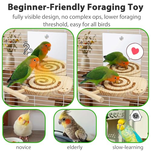 Bird Foraging Toys with Perch & Mirror, Easy for Novice/Older Birds | Kiln-Dried Wood Bird Enrichment Toy for Cage, Slow Feeder & Interaction Puzzle Toy to Reduce Seed Mess, Visible Food Design - size: with mirror