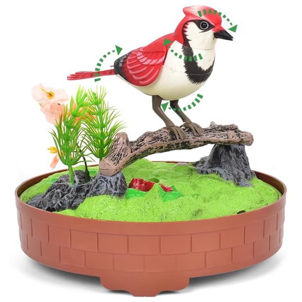 PowerTRC Singing & Chirping Bird in Cage, Realistic Sounds & Movements, Sound Activated, Battery Operated, Great Desk and Room Accessory, Pet Caged Bird Toy (10” x 7”) - color: #2 Red & White