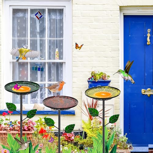4 Pack Metal Bird Bath for Outside, Small Hummingbird Bath Bowl with Metal Stakes, Detachable Birdfeeder Birdbath Garden Decor for Outdoor Yard Lawn - color: 4P-Relief pattern disc