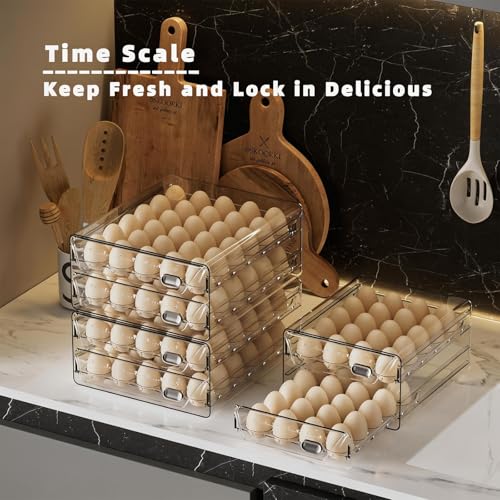 HIYOHIYO Clear 60 Grid Egg Organizer for Refrigerator with Drawers, 2-Tier | Large Capacity with Time Scale Marking | Sturdy Egg Storage for Fridge | Stackable Eggs Container for Fridge and Countertop - size: 60 Grids-2 Layer