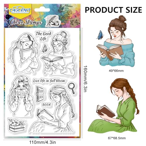 CHGCRAFT Book Woman Clear Stamps Elegant Lady Reading Transparent Handicraft Stamps for DIY Scrapbooking Photo Album Decorative, 6.3x4.3inch - style: Book and Woman