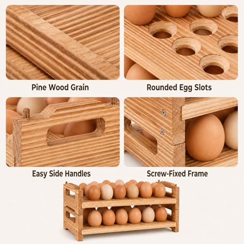 Wooden Egg Holder Countertop, Holds 36 Eggs, 2-Tier Stackable Fresh Egg Rack for Kitchen Counter – Pine Wood Farmhouse Egg Basket for Backyard Chicken Eggs, Detachable Organizer for Gathering Storage - color: 3 Eggs - 2 Tier Square