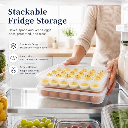 Deviled Egg Containers with Lid, Set of 2 Plastic Egg Holder for Refrigerator Holds 48 Eggs, Clear Stackable Deviled Egg Carrier Tray with Portable Insulated Bag for Party, Picnic, Fridge Storage - color: White, size: 48 Eggs
