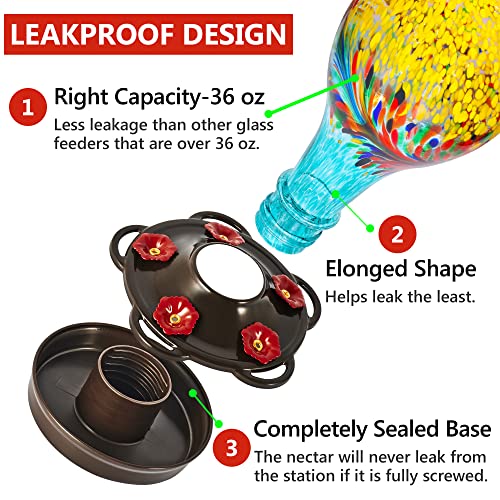 LUJII Hand Blown Glass Hummingbird Feeder for Outdoors with Ant Moat, Leak Proof & Rustproof,36 fl.oz, Metal Base Cover with 5 Feeding Ports & 5 Perches, Glass Art for Garden Decor (Blue Mixed Yellow) - color: Yellow, size: Large