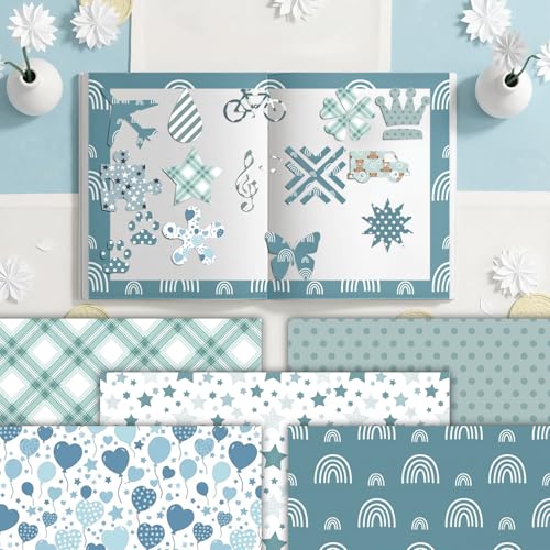 24 Sheets 160GSM Baby Boy Scrapbook Paper, 11.8 x 11.8 Inch Double-Sided Rainbow Bears Plaid Polka Dot Patterns for Junk Journals, DIY Card Making, Photo Albums, Gift Wrapping - color: Blue Baby Boy