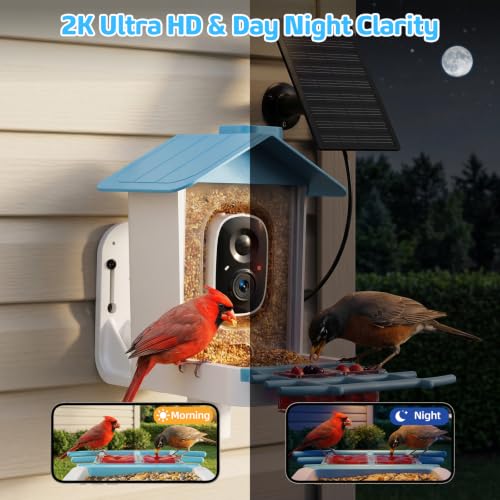 Bird Feeder with Camera 2K HD AI Smart Identify BirdSpecies Solar Panel Outdoors Birdhouse with Cam, Instant Arrival Alerts, Capture BirdVideo, Gifts for Mom Dad - color: Blue