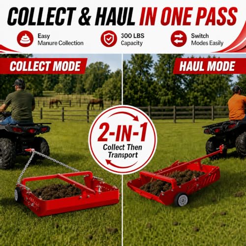 GRIND MODE 2-in-1 Horse Paddock Cleaner & Tow-Behind Trailer, Heavy Duty Manure Fork & Scoop, Efficient Yard Sweeper for Horse Manure, Drag Collector for Pasture/Yard Easy Cleanup - color: Red, size: Upgraded Chain Drag