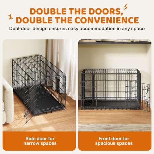Yaheetech 42inch Double Door Dog Crate w/Divider, Collapsible Metal Kennel | Heavy-duty Sturdy Metal Frame, Easy Assemble, Fold Up for Travel, Removable Tray, Ideal for Puppies, Medium to Large Dogs - size: 42" L