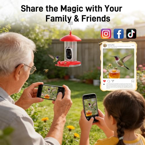 Hummingbird Feeder with Camera Outdoor, 5MP HD Smart Hummingbird Feeder Camera Solar Powered, AI Bird Identification, Ant Moat & Bee Proof, APP Alerts, Hanging or Pole Mount, Gift for Bird Lovers