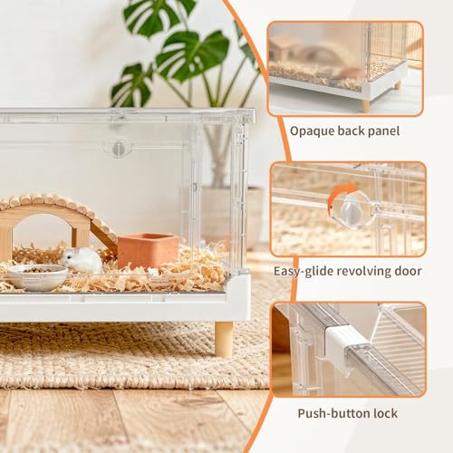 Hamster Cage 13.4" Low Profile Cozy Dwarf Hideout Castle | 470 Sq In roomy floor, frosted rear privacy panel, 2.5" base tray, bookshelf fit draft protection, 5-min foldable frame - size: 27.5"L x 16.9"W x 13.4"H