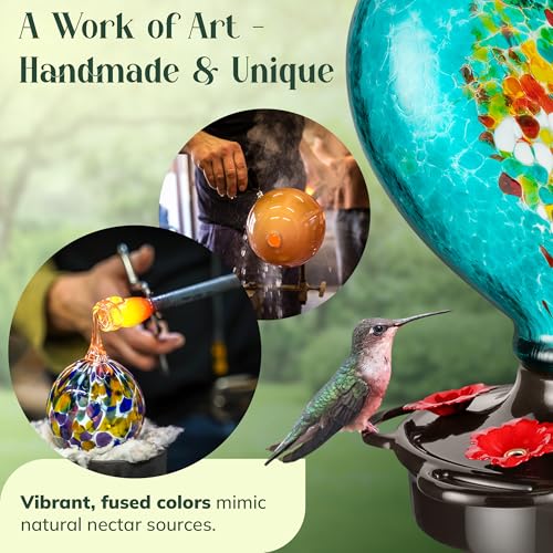 Hand Blown Glass Hummingbird Feeder for Outdoors All Season Use - 28 Fl. Oz. Leak Proof Hummingbird Feeder with Rust Proof Base - Includes Ant Moat, Ant & Bee Proof (Teal) - color: Teal