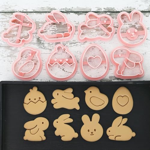 8pcs Mini Easter Cookie Cutters, Bunny, Egg & Chick Shapes | One-Touch Raised Design Easter Cookie Stamps for DIY Baking, Decorating, and Party Fun