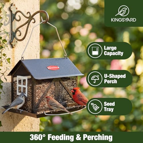 Kingsyard Metal Bird Feeder for Outdoors Hanging, 2-in-1 Wild Bird Feeder with Seed Tray & Built-in Perch, 5 lb Large Capacity for Cardinal Chickadee Finch, Black