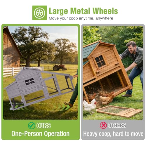 GUTINNEEN Chicken Coop with Wheels, Expandable Hen House Poultry Cage with Run, UV-Protected Roof, Divided Nesting Boxes, Easy One-Person Move, Ideal for 2 Adult Chickens or 4 Bantams, 72.3" L, Grey - color: Grey, size: 72.3"L x 26"W x 39.8"H