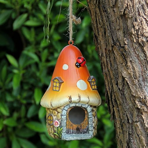 Bird Houses for Outside, Hanging Birdhouse for Outdoor Garden, Patio, Yard | Hand-Painted Resin Mushroom BirdHouses for Outdoor,BirdHouse with Pole for Bluebirds,Finches,Cardinals for Nesting in Gardens